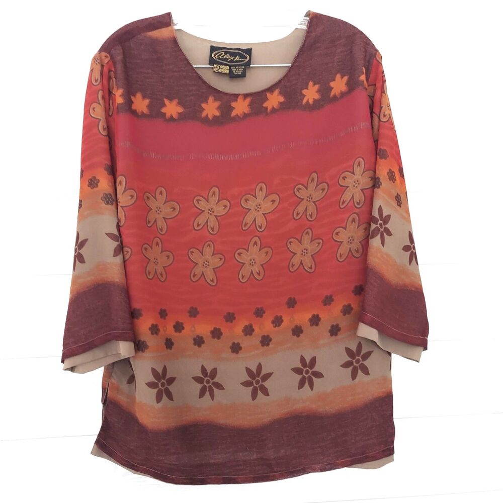 Alex Kim Tunic Top Medium Blouse Red Tan Floral Fall Colors